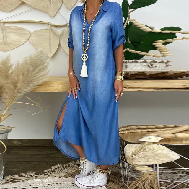Leah™ | Long denim-look dress with side slit