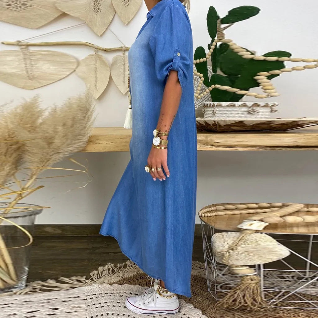 Leah™ | Long denim-look dress with side slit