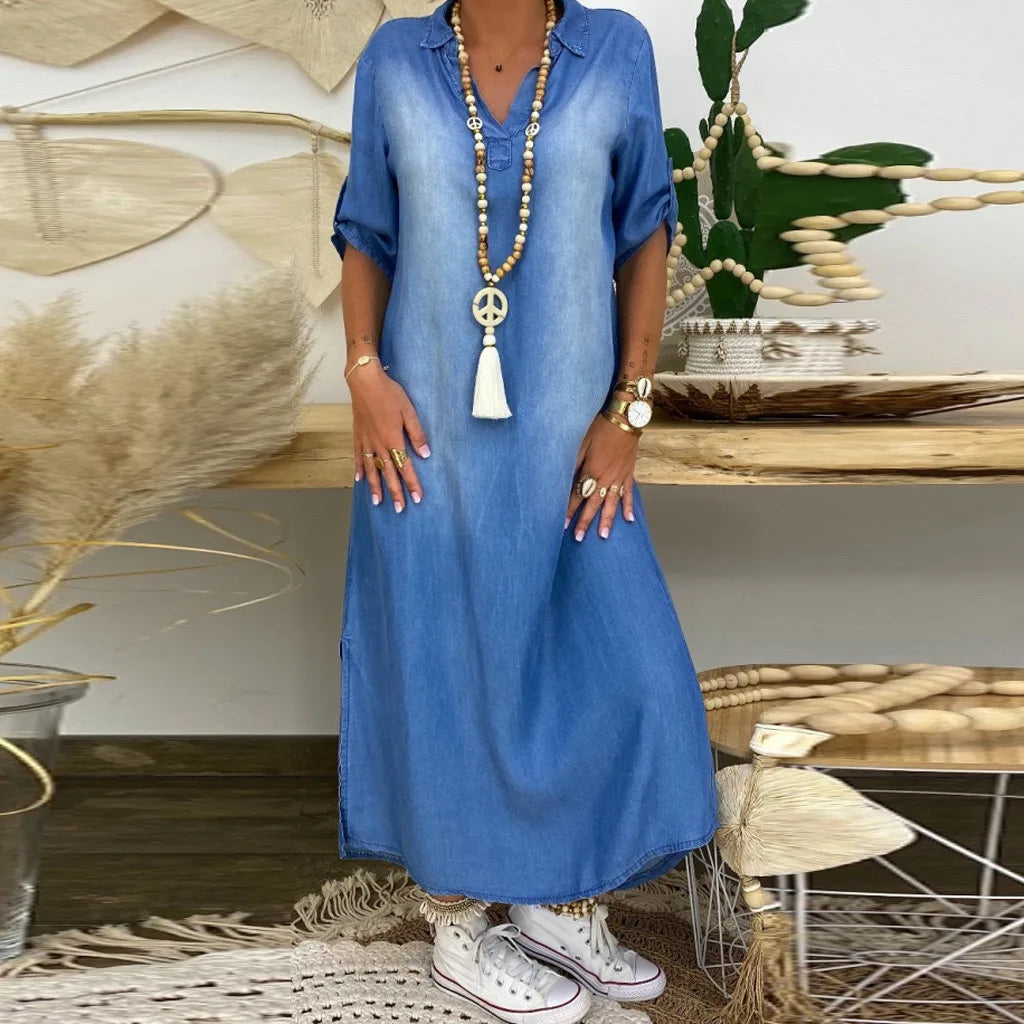 Leah™ | Long denim-look dress with side slit
