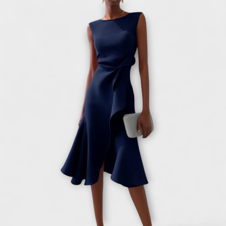 Hallie – Draped Asymmetric Midi Dress