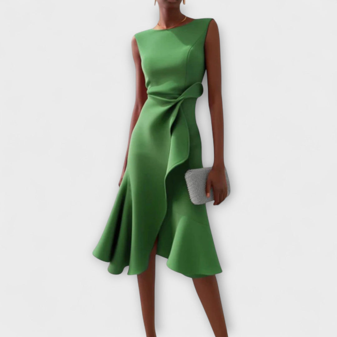 Hallie – Draped Asymmetric Midi Dress