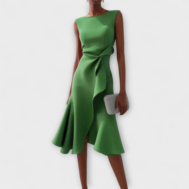 Hallie – Draped Asymmetric Midi Dress