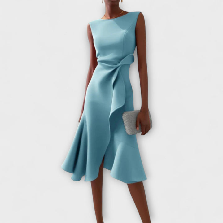 Hallie – Draped Asymmetric Midi Dress