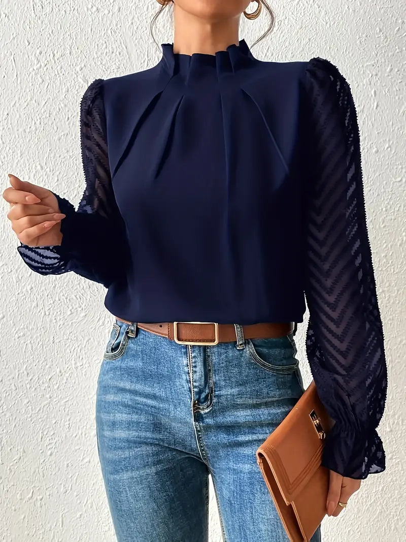 Sienna | Chic Pleated Top with Sheer Mesh Sleeves for Women