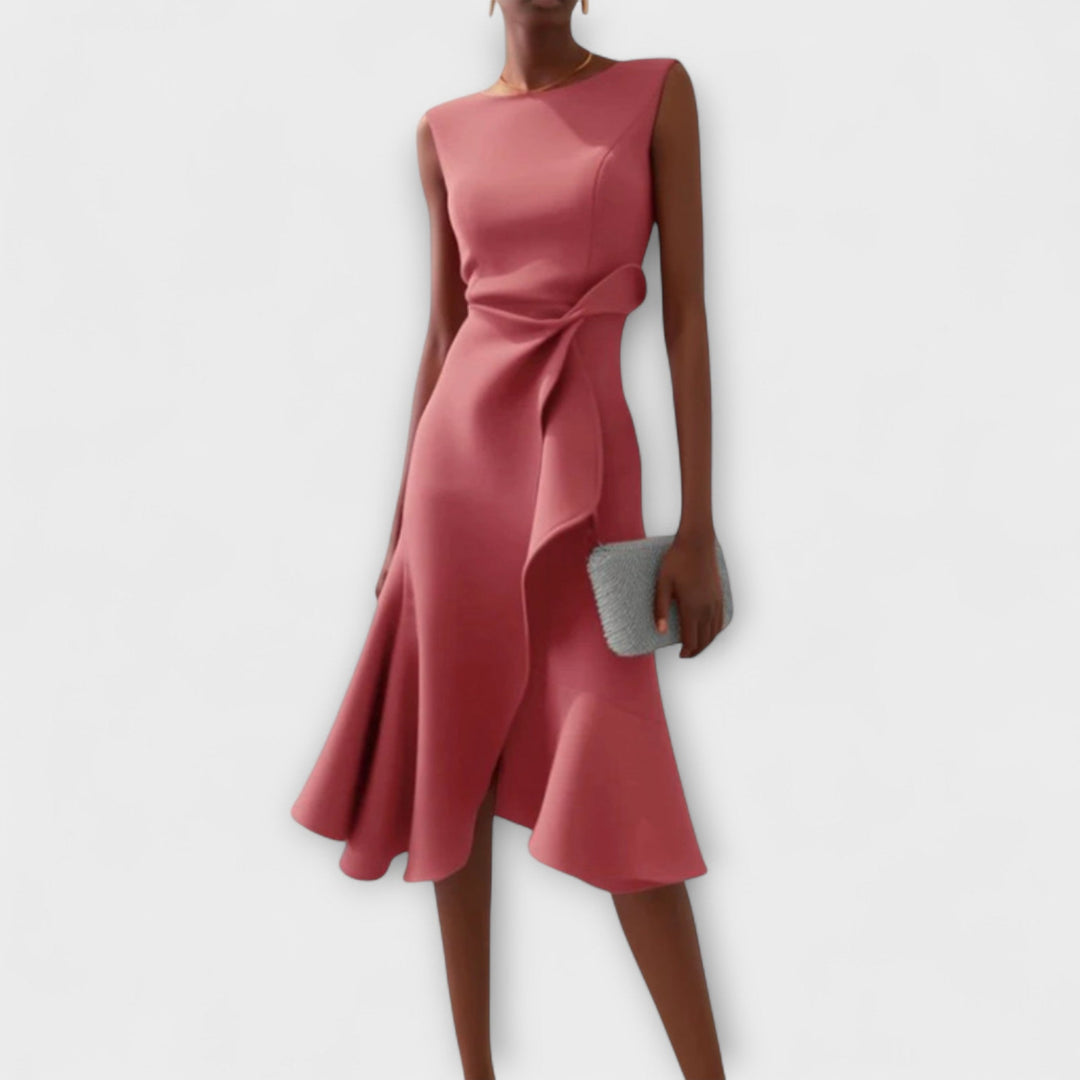 Hallie – Draped Asymmetric Midi Dress