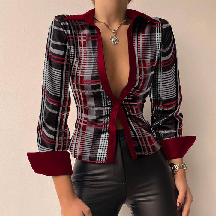 Leila | Printed V-neck PU Leather Blouse with Long Sleeves and Patchwork Design