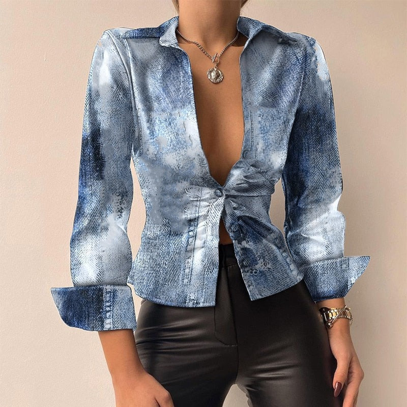 Leila | Printed V-neck PU Leather Blouse with Long Sleeves and Patchwork Design