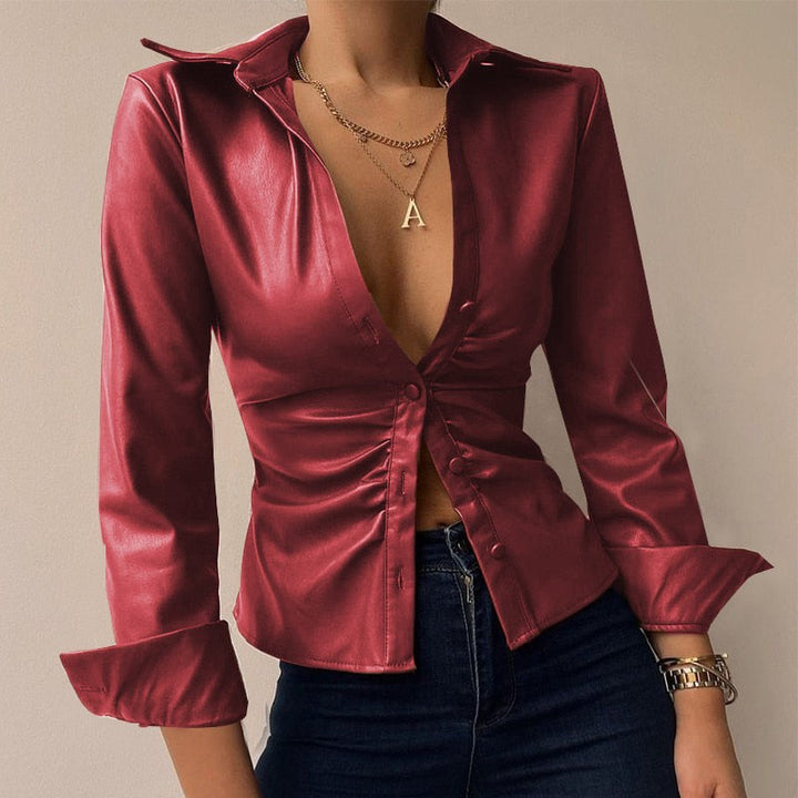 Leila | Printed V-neck PU Leather Blouse with Long Sleeves and Patchwork Design