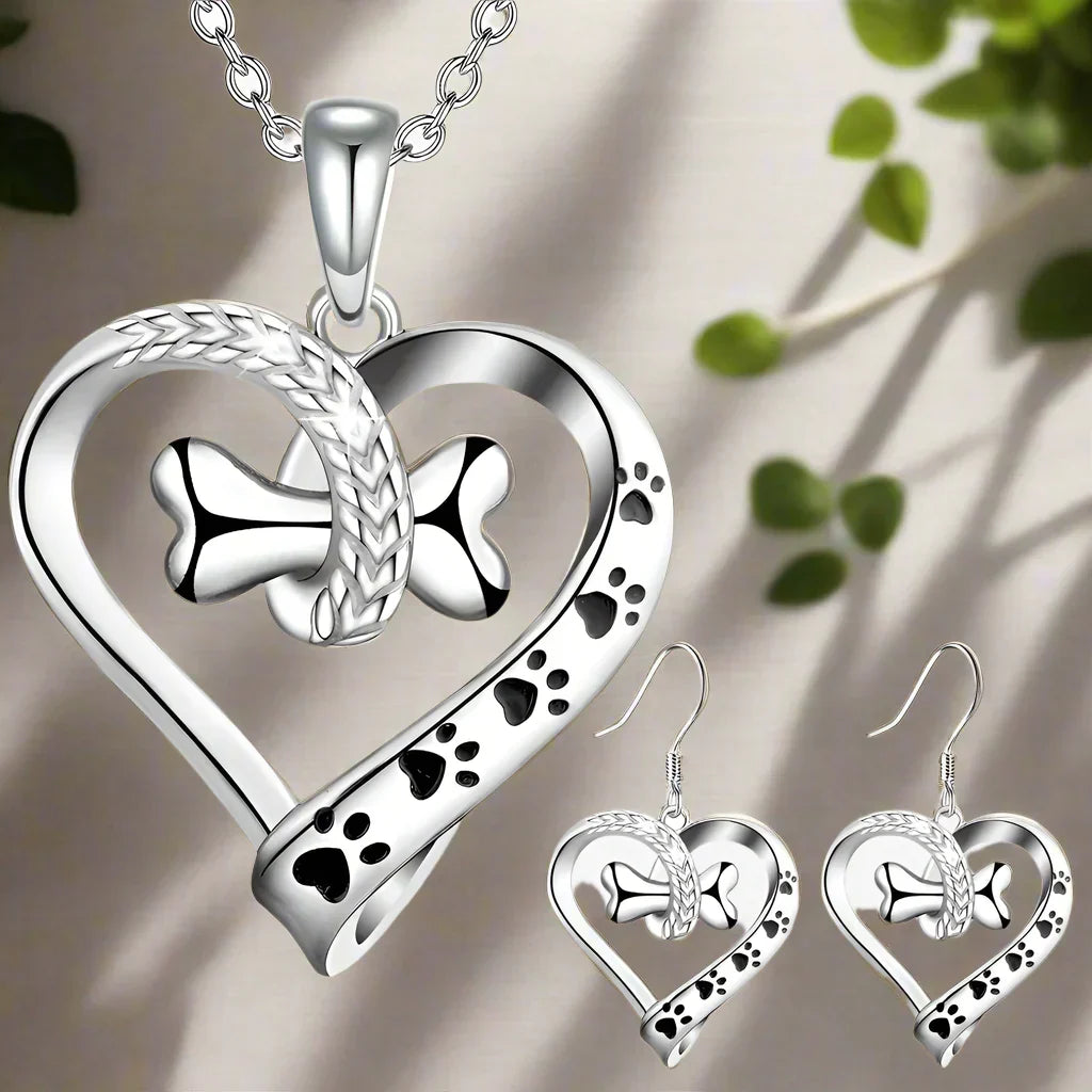 Set di gioielli in 2 pezzi con pendenti a forma di zampa, cuore e osso