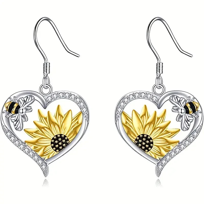Orecchini vintage Boho a cuore con girasole e ape