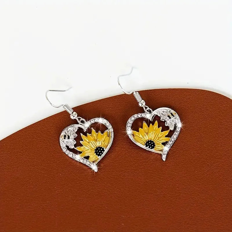 Orecchini vintage Boho a cuore con girasole e ape