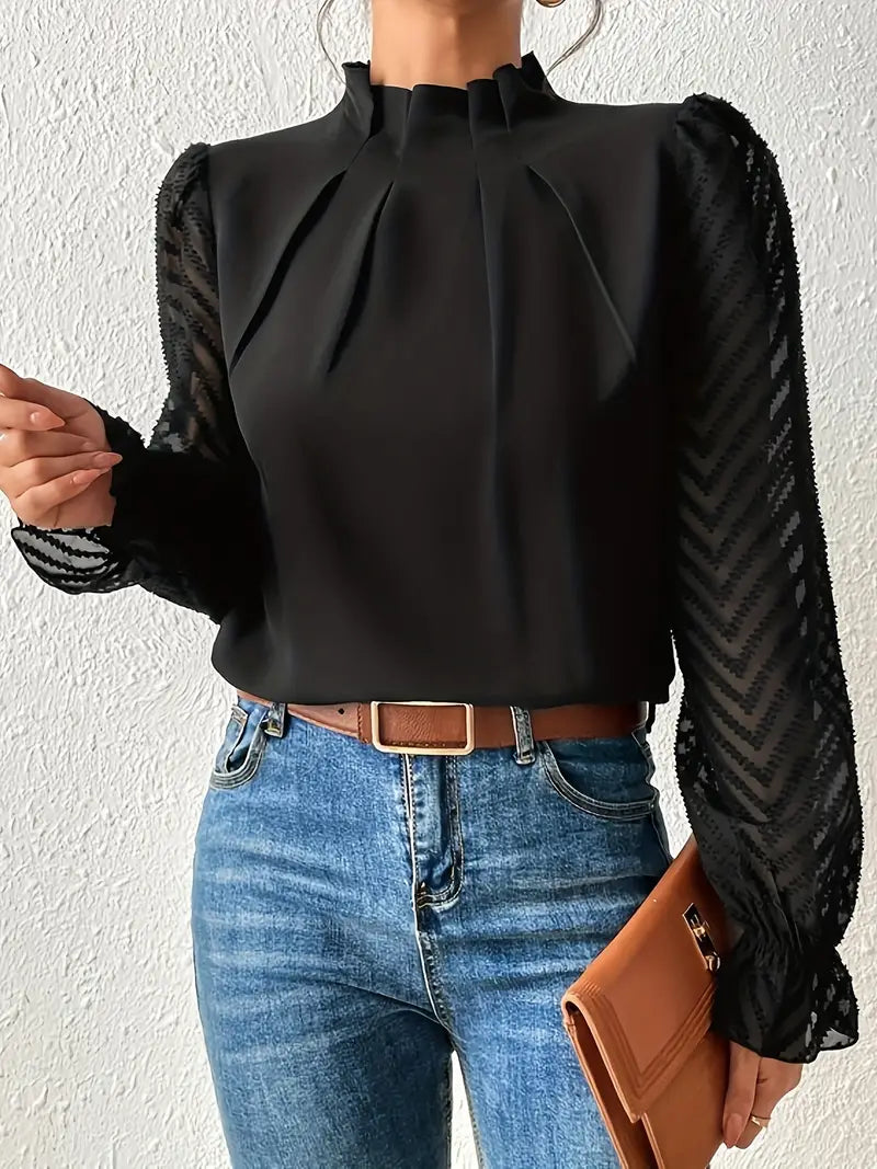 Sienna | Chic Pleated Top with Sheer Mesh Sleeves for Women