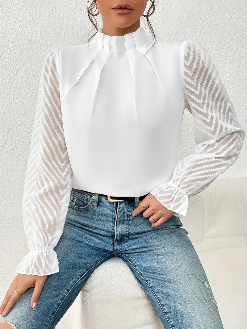 Sienna | Chic Pleated Top with Sheer Mesh Sleeves for Women