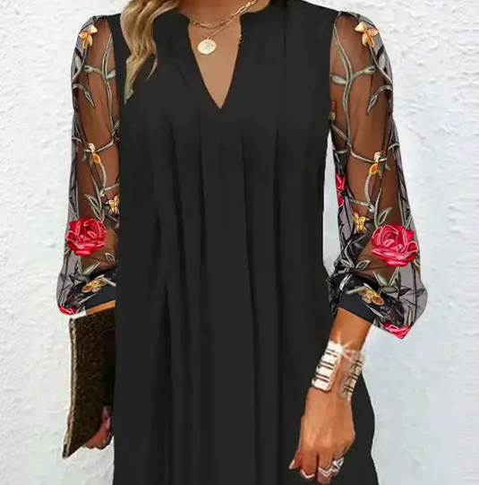 Anne™ | Elegant mini dress with V-neckline and sheer sleeves